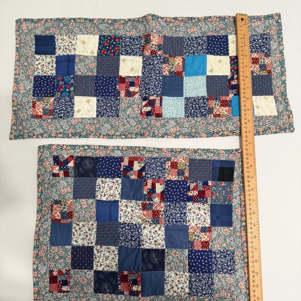 Handmade Vintage Patchwork Table Runner Placemat Set Blue Cotton Quilt